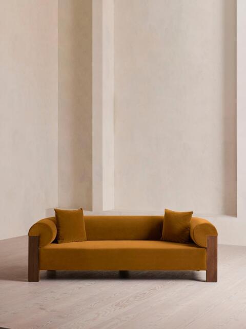 Eldon Three Seater Sofa, Walnut, Velvet, Mustard