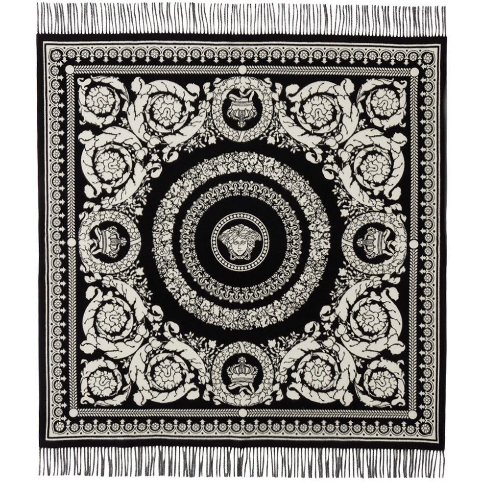 Versace Black & White Barocco Foulard Fringed Blanket - image 1