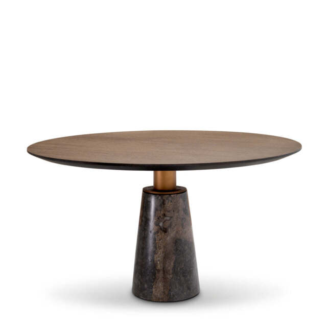 Eichholtz Genova Round Dining Table Grey Marble Mocha Straight Oak Veneer Brushed Brass Finish - Round Dining Table Grey Marble Mocha Straight Oak Veneer Brushed Brass Finish - image 1