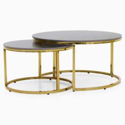 Circo Round Nest of Tables - Round Coffee Table Nest of 2 Tables Black & Gold Ceramic Top/Gold Powder Coat Legs