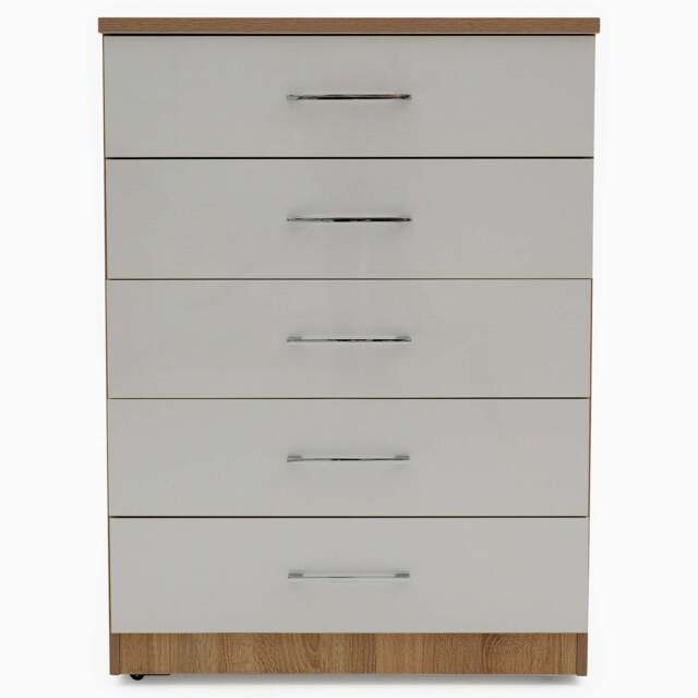 Catania Gloss 5 Drawer Cabinet - 5 Drawer Chest - Truffle Oak / Grey Gloss - image 1