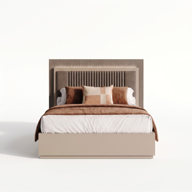 Portento Bedframe with Upholstered Headboard and LED Light - Bed with Upholstered Headboard and LED Light - 154 cm Taupe Cannete Wood matt - King - image 1