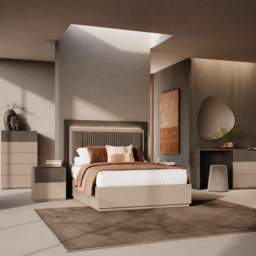 Portento Bedframe with Upholstered Headboard and LED Light - Bed with Upholstered Headboard and LED Light - 154 cm Taupe Cannete Wood matt - King - thumbnail 2