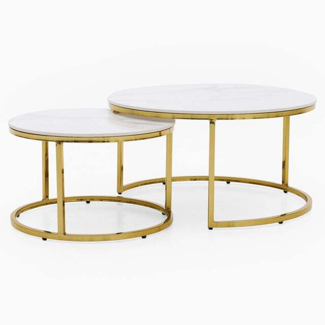 Circo Round Nest of Tables - Round Coffee Table Nest of 2 Tables White Ceramic Top/Gold Powder Coated Metal Legs - image 1