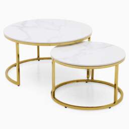 Circo Round Nest of Tables - Round Coffee Table Nest of 2 Tables White Ceramic Top/Gold Powder Coated Metal Legs - thumbnail 3