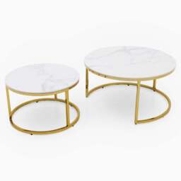 Circo Round Nest of Tables - Round Coffee Table Nest of 2 Tables White Ceramic Top/Gold Powder Coated Metal Legs - thumbnail 4