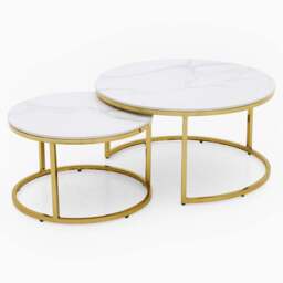 Circo Round Nest of Tables - Round Coffee Table Nest of 2 Tables White Ceramic Top/Gold Powder Coated Metal Legs - thumbnail 2