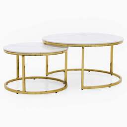 Circo Round Nest of Tables - Round Coffee Table Nest of 2 Tables White Ceramic Top/Gold Powder Coated Metal Legs - thumbnail 1