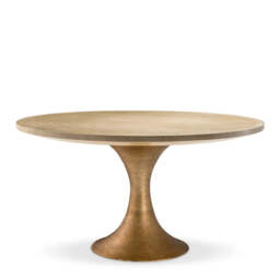 Eichholtz Melchior Round Dining Table Washed Oak Veneer / Brushed Brass Finish - Round Dining Table Washed Oak Veneer / Brushed Brass Finish