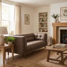Cassia Small 3 Seater Sofa - 2.5 Seater Sofa Explorer Leather - EXPLORER X-1752 Sandstone / Feet: 178mm Brass Tipped Legs Grey Oak - thumbnail 2