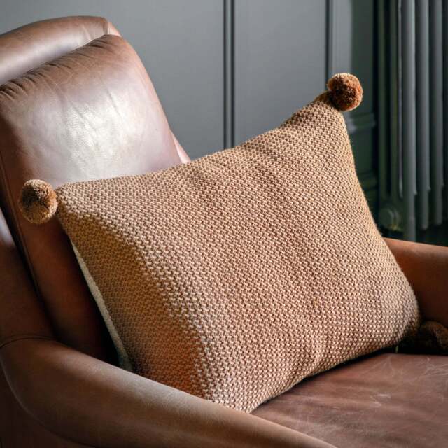 Moss Stitched Pom Pom Brown Cushion - Moss Stitch Pom Pom Cushion Tan 40x60CM - image 1