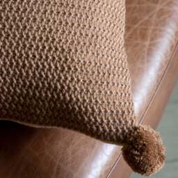 Moss Stitched Pom Pom Brown Cushion - Moss Stitch Pom Pom Cushion Tan 40x60CM - thumbnail 2