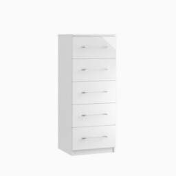 Roma Narrow 5 Drawer Cabinet - 5 Drawer Narrow Chest - Metal - Matt White / White Gloss