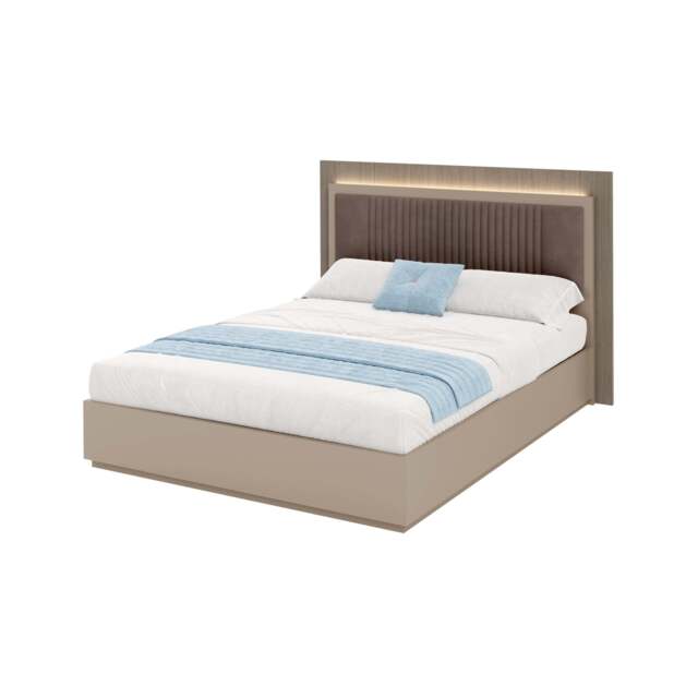 Portento Storage Bedframe with Upholstered Headboard and LED Light - Bed Storage with Upholstered Headboard and LED Light - 154 cm Taupe Cannete Wood matt - image 1
