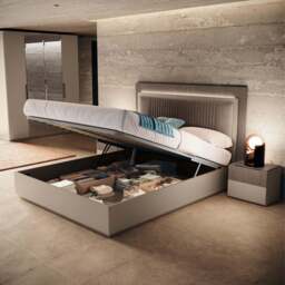 Portento Storage Bedframe with Upholstered Headboard and LED Light - Bed Storage with Upholstered Headboard and LED Light - 154 cm Taupe Cannete Wood matt - thumbnail 2