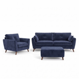 Zara 4 Seater Sofa, Armchair & Footstool Set - Plush Navy / Dark Feet