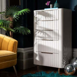 Saskia 5 Drawer Cabinet - 5 Drawer Tall Chest Soft Grey Painted / Brass - thumbnail 2