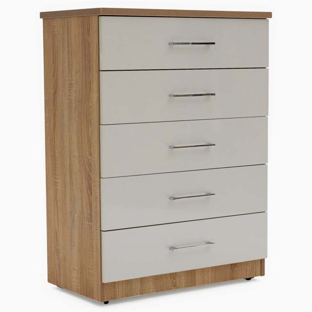 Catania Gloss 5 Drawer Cabinet - 5 Drawer Chest - Bardolino Oak / Cream Gloss - image 1