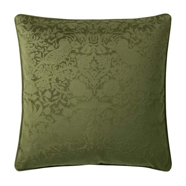 William Morris At Home Strawberry Thief Green Square Cushion - Strawberry Thief 50CM Cushion Olive - image 1