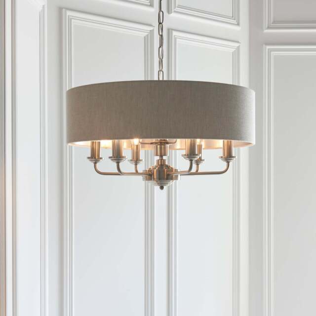 Highclere 6 Chrome And Cream Floor Light - DHD Highclere 6 Pendant Light Chrome & Natural - image 1