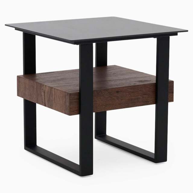 Milburn Side Table - End Table Saroland Sintered Stone / Brown Cherry Paper Veneer / Black Metal Frame - image 1