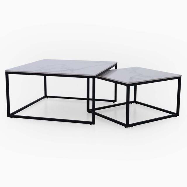 Tyler White Ceramic Nest of 2 Coffee Tables - Square Coffee Nest of 2 Tables White Ceramic Top / Black Powder Coated Metal Legs - image 1