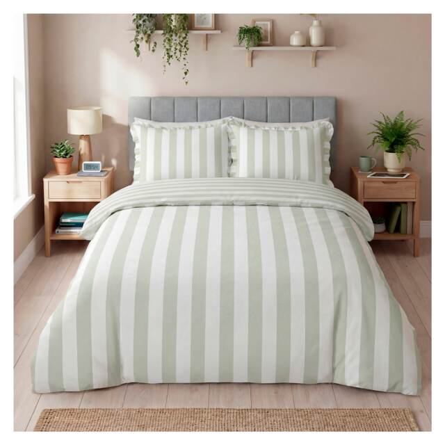 Silentnight Supersoft Frilled Green Stripe Duvet Cover Set King