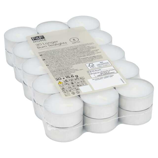 F&F HOME White Longer Burn Tealights 30 Pack x 15.6g