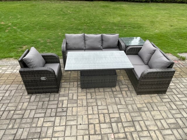 Fimous Outdoor Rattan Furniture Garden Dining Set Patio Height Adjustable Rising lifting Table Reclining Chair Sofa With Side Table Dark Grey Mixed