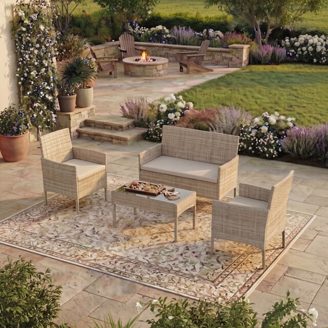 Garden Vida Kendal 4 Seater Rattan Set Chair Sofa Coffee Table Outdoor Garden Furniture, Natural