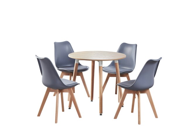 5PCs Dining Set - an Oak Round Dining Table & Set of 4 White Lorenzo Tulip chairs with Padded Seat Grey