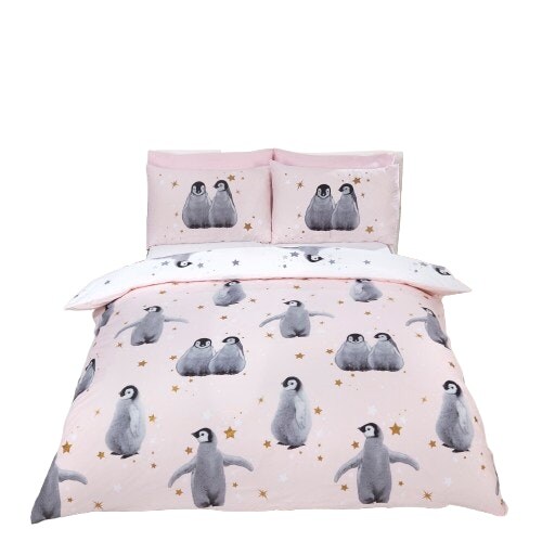 Starry Penguins Polycotton Duvet Cover Set With Pillowcase Pink Double 1
