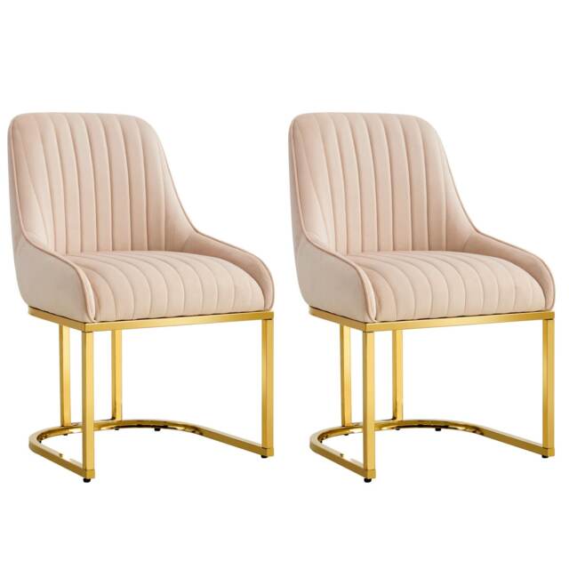 Set Of 2 Velvet Dining Chairs Luxury Padded Dining Room Chairs Armless - Cream