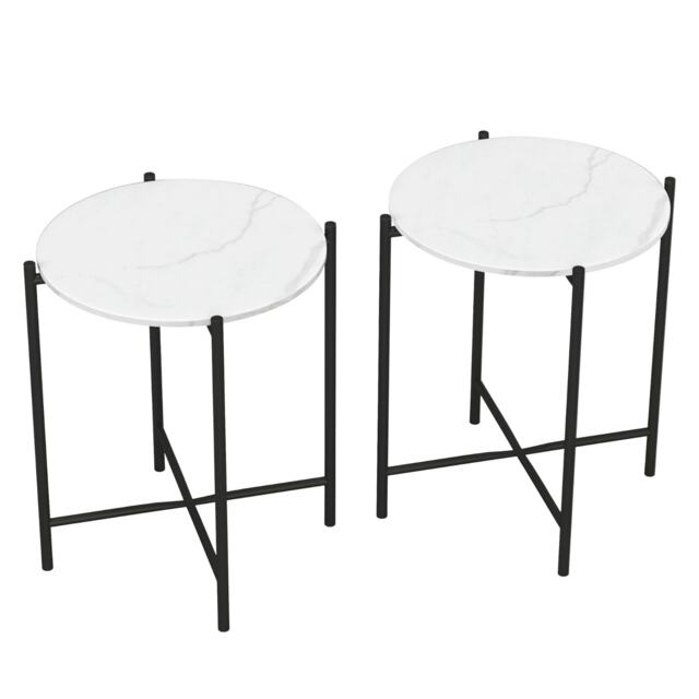 Set of 2 Pcs Marble Effect Tops Square Round Side End Coffee Table Metal Frame White White Round 1
