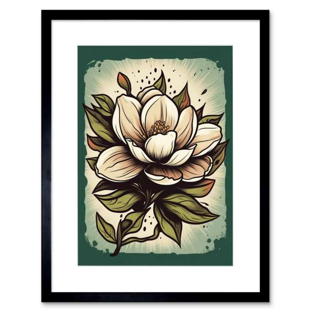 "Old School Magnolia Flower USA Tattoo Ink Americana 50s 9x7"" Black Framed Wall Art Print"