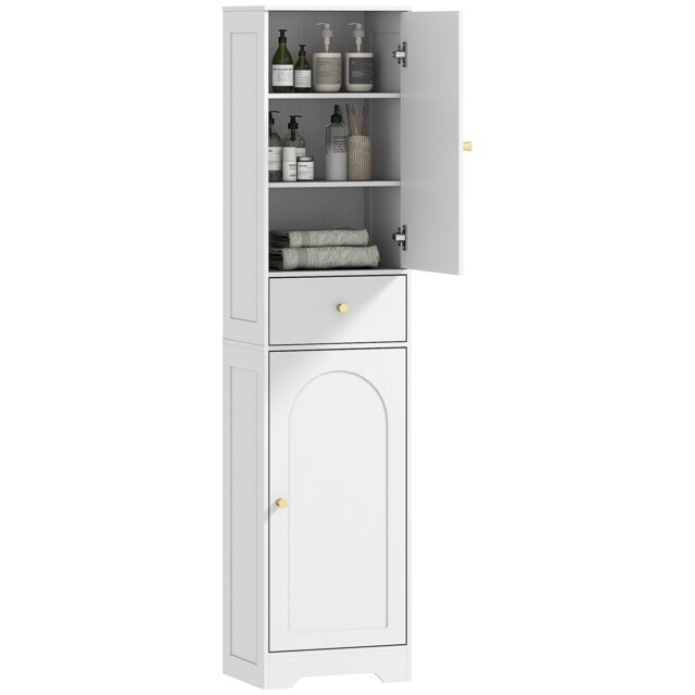 HOMCOM Tall Bathroom Cabinet, Slim Bathroom Storage Cabinet with 2 Arched Doors, Drawer and Adjustable Shelf, Modern Narrow Storage Cupboard, 40 x 29.5 x 170 cm, White White White