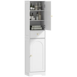 HOMCOM Tall Bathroom Cabinet, Slim Bathroom Storage Cabinet with 2 Arched Doors, Drawer and Adjustable Shelf, Modern Narrow Storage Cupboard, 40 x 29.5 x 170 cm, White White White