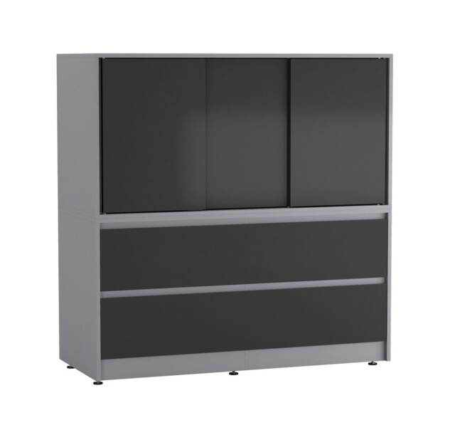 120cm 3 Sliding Door 4 Drawer Bedside Cabinet Storage End Unit Bedroom Furniture Multi Grey with Black Doors 1