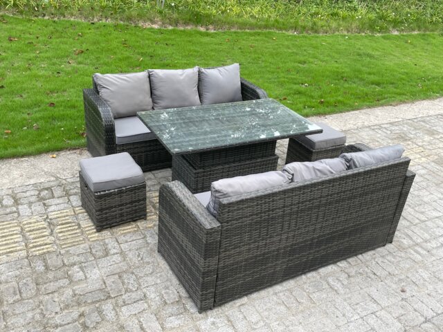 Fimous Outdoor Rattan Garden Furniture Sofa Set Dining Table Height Adjustable Rising lifting Table Lounge Sofa Small Footstools 8 Seater