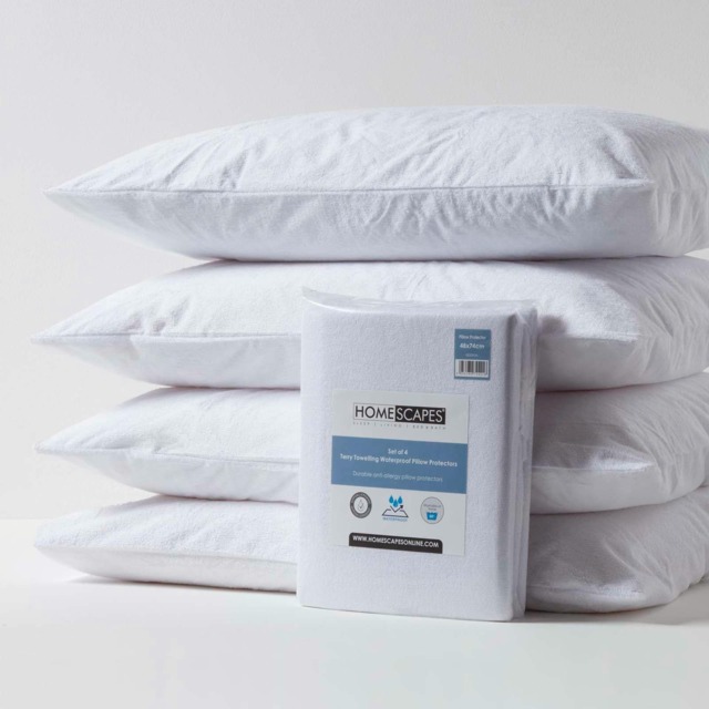 Homescapes Terry Towelling Waterproof Pillow Protectors Standard Size - Pack of 4 White Standard