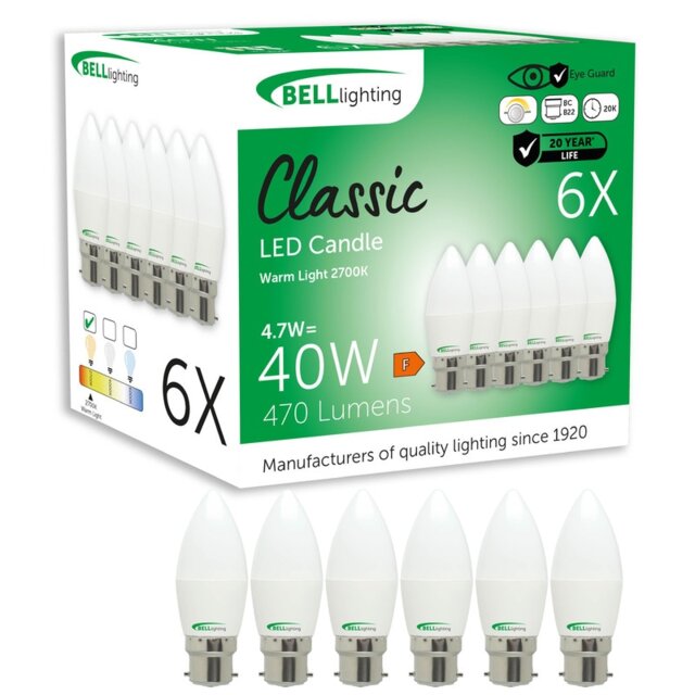 BELL Lighting B22 Bayonet Dimmable LED Candle 4.7W Light Bulb White Warm White - 2700K 6
