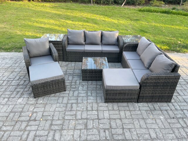 Fimous 9 Seater Outdoor Rattan Garden Furniture Set Conservatory Patio Sofa Coffee Table With Reclining Chair 2 Big Footstool 2 Side Tables Dark Grey Mixed