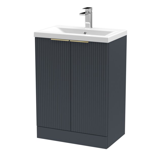 Balterley Fluted Front Floor Standing 2 Soft Close Door Bathroom Vanity Unit with 1 Tap Hole Basin, Handles Grey Soft Black