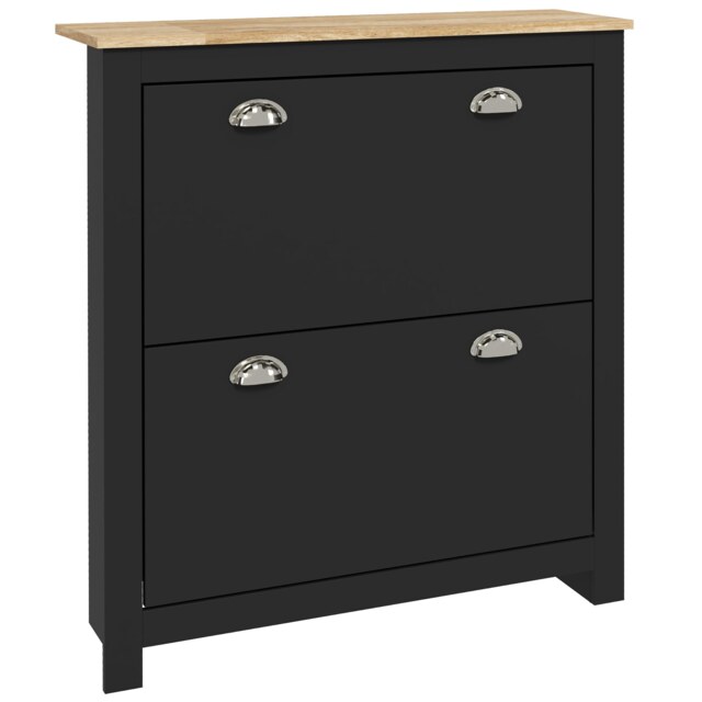 HOMCOM 2 Drawer Shoe Cabinet Modern Narrow Shoe Cupboard Hallway Wooden Storage Organiser with Flip Doors Adjustable Shelf for 6-12 Pairs, Black Black Black