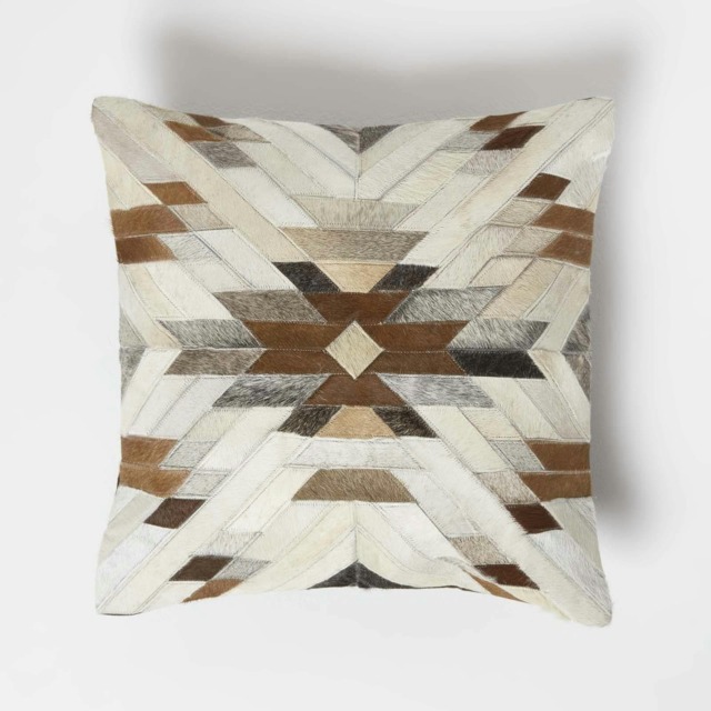 Homescapes Geometric Star Brown & Cream Leather Cushion - 45 x 45 cm
