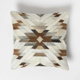 Homescapes Geometric Star Brown & Cream Leather Cushion - 45 x 45 cm