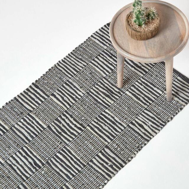 Homescapes Black & White Real Leather Handwoven Striped Block Check Hall Runner - 66 x 200 cm Black Black