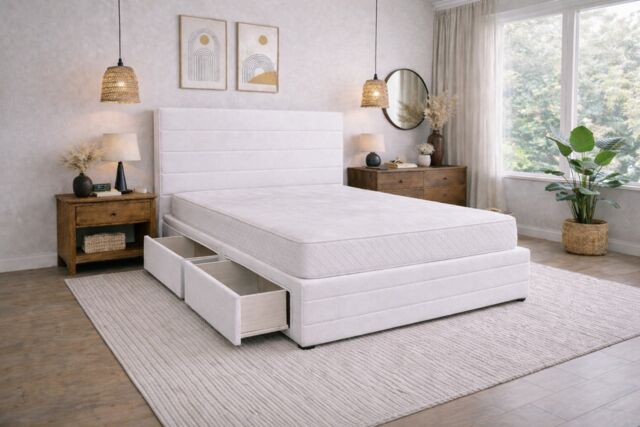 Divan Bed Set Headboard and Footboard with Mattress 5ft Kingsize White Suede Storage No Drawers