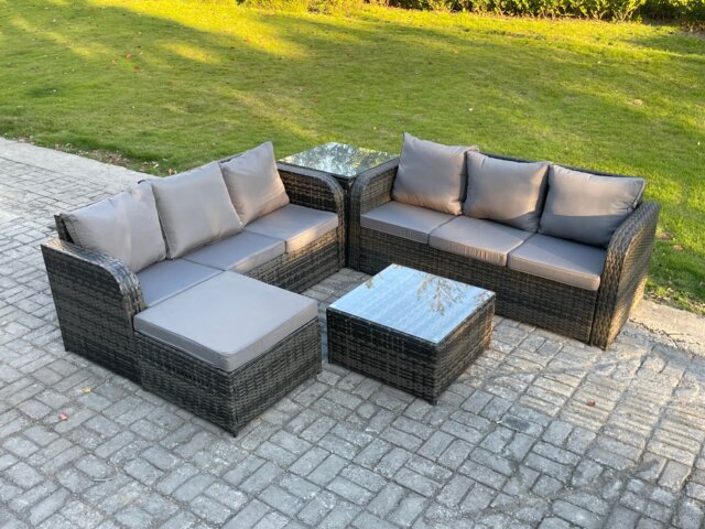 Fimous Indoor Outdoor Rattan Garden Furniture 7 Seater Set Table Sofa Chair Patio Conservatory with Grey Cushions Big Footstool Side Table