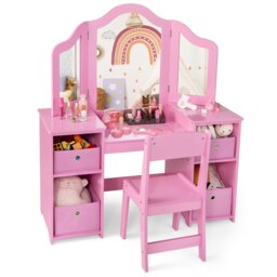 COSTWAY Kids Vanity Table & Chair Set Makeup Vanity Pink